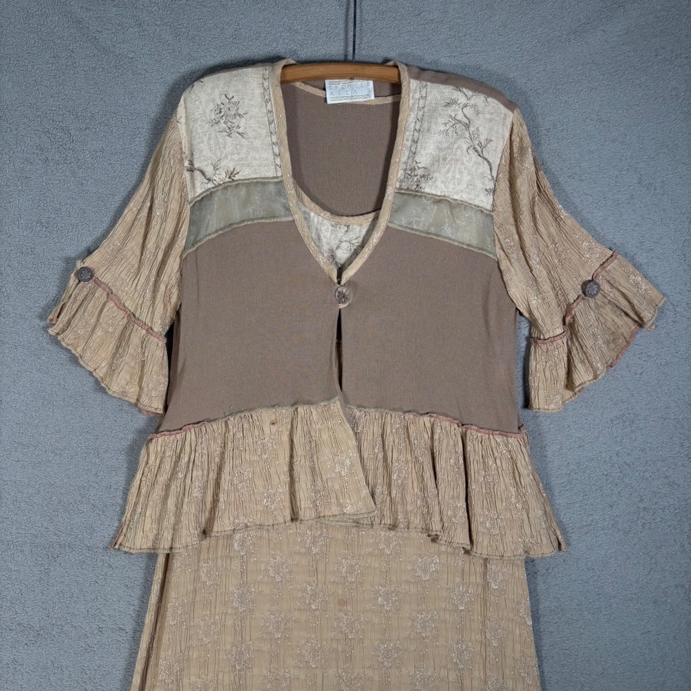 Spencer Alexis Maxi Dress Size L Boho Patchwork Lace Crinkle Beige Kimono Set